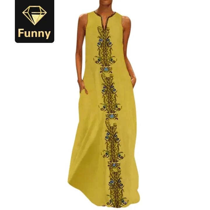 Bohemian Women Vintage Daily Casual Sleeveless Striped Printed V-Neck Summer Maxi Dresses