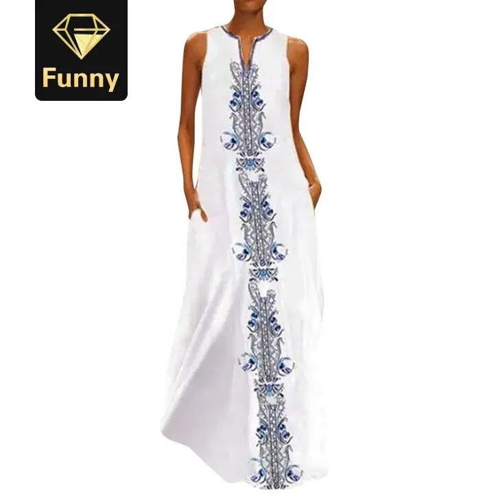 Bohemian Women Vintage Daily Casual Sleeveless Striped Printed V-Neck Summer Maxi Dresses