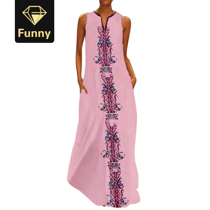 Bohemian Women Vintage Daily Casual Sleeveless Striped Printed V-Neck Summer Maxi Dresses