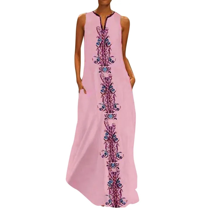 Bohemian Women Vintage Daily Casual Sleeveless Striped Printed V-Neck Summer Maxi Dresses
