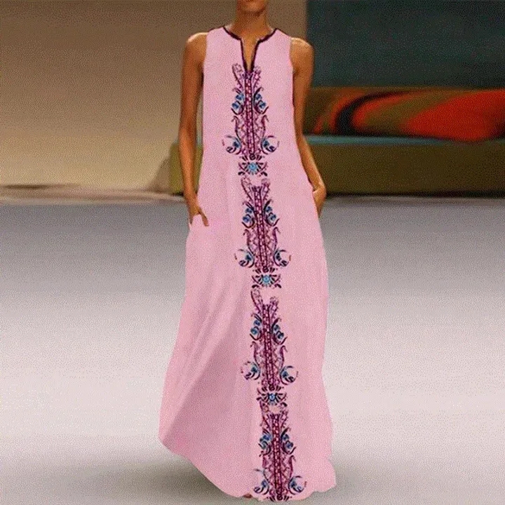Bohemian Women Vintage Daily Casual Sleeveless Striped Printed V-Neck Summer Maxi Dresses