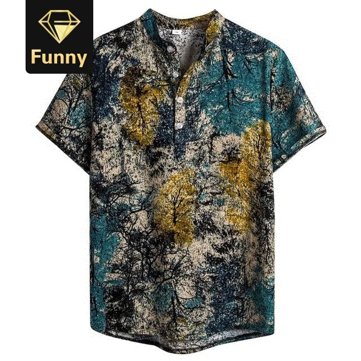 Fashion Hawaiian Shirt Mens Summer Ethnic Shirt Casual Cotton Shirt Tops