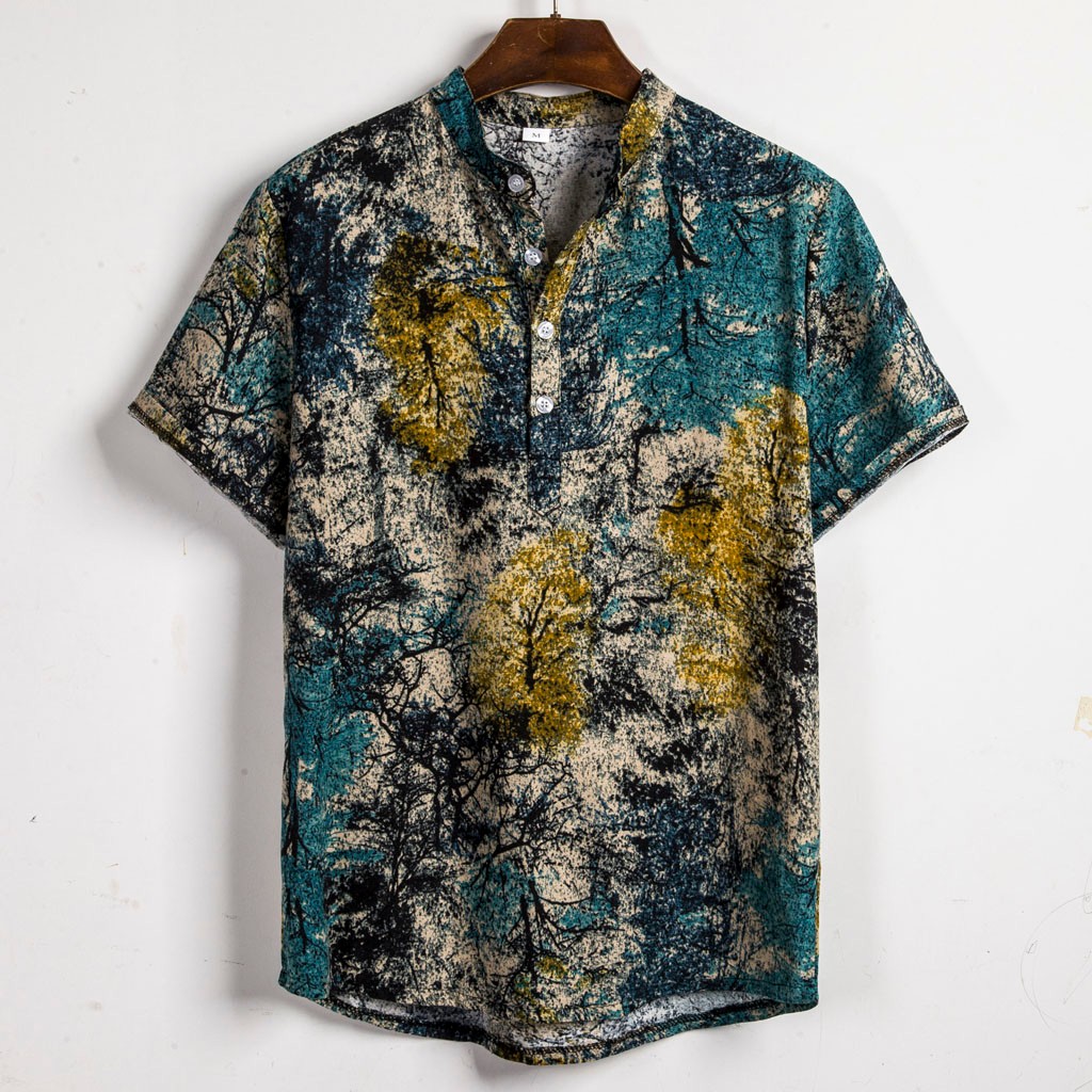 Fashion Hawaiian Shirt Mens Summer Ethnic Shirt Casual Cotton Shirt Tops