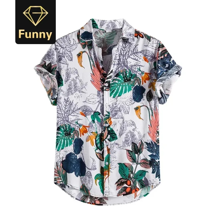 Mens Street Shirts Linen Ethnic Casual Hawaiian Beach Summer Male Printed Short Sleeve Blouse shirt