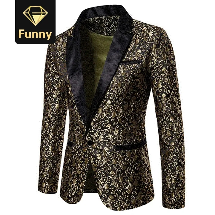 Jacquard Bronzing Floral Blazer Men New Mens Patchwork One Button Blazer Jacket