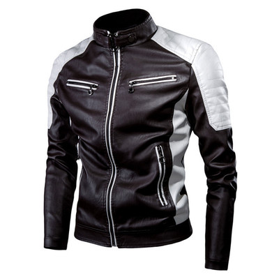 Winter Casual Motor Spliced PU Leather Jacket Coat Men Autumn Biker Vintage Warm Leather Jacket Coat