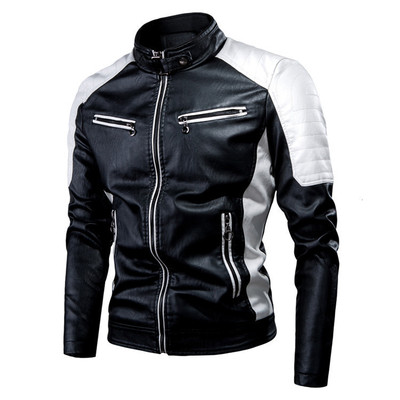 Winter Casual Motor Spliced PU Leather Jacket Coat Men Autumn Biker Vintage Warm Leather Jacket Coat