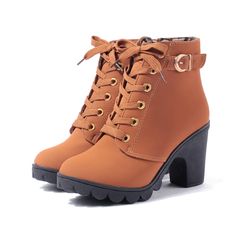 Ankle Boots Casual Women shoe High Heels Female Lace Up Ladies Shoes Woman Buckle Short Boot Yellow size 38