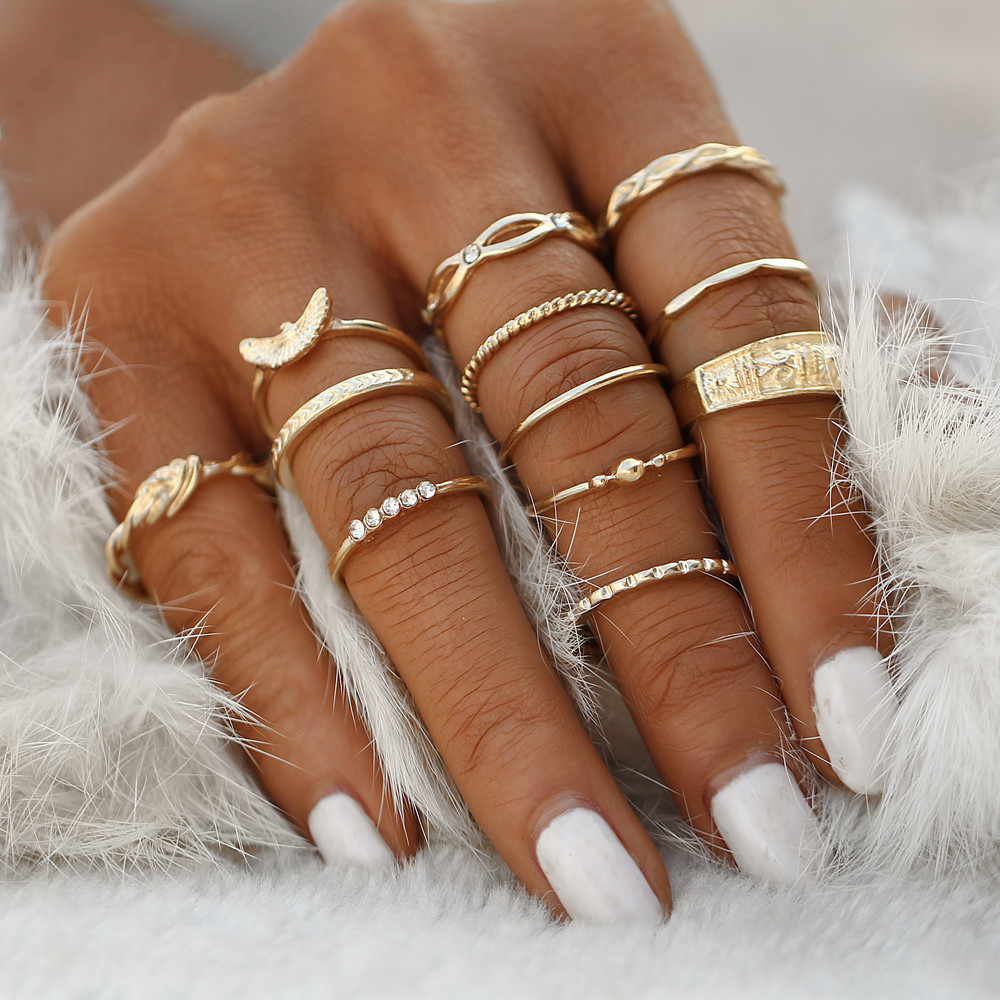 12 Pcs / Set Rings Charm Gold Color Finger Ring Set For Women Vintage  Party Rings Punk Jewelry Gift