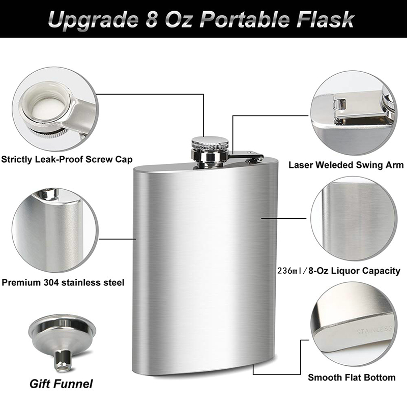 Portable Barware 8oz Stainless Steel Hip Flask Flagon With Funnel 236ML Flask for Liquor for Men Gift