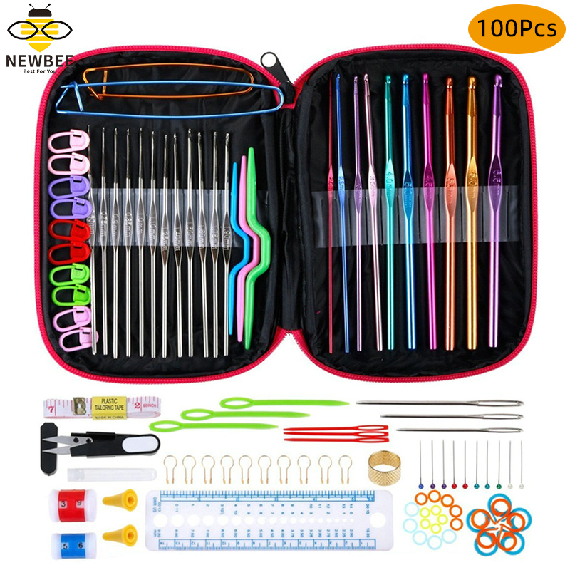 100 Pcs DIY 22 Sizes Crochet Hooks Set Knitting Needles Stitch Holder Crochet Set Weave Sewing Tools