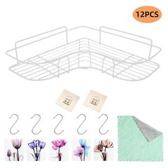 1 Pack Bathroom Shelf with 5 S Hooks & 5 Adhesives Wall Hooks Kitchen Organizer Shelves Corner shower caddy Storage Rack Shampoo Holder For Kitchen Bath Fixtures White as picture