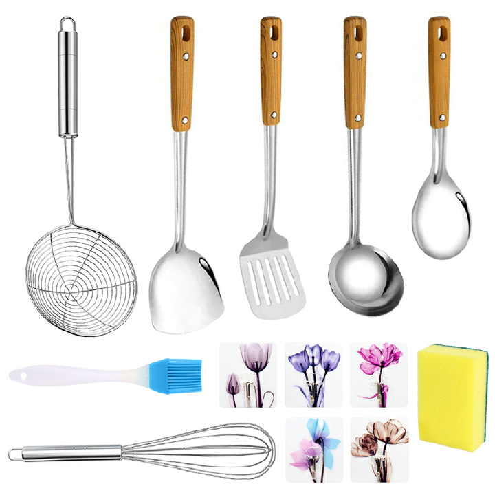 Kitchen Cooking Utensil Set Wok spatula Ladle Spoon Egg Whisk Cooking Brush Cleaning Sponge Adhesives Wall hooks Strainer Skimmer Spoon for Frying and Cooking Kitchen Tools