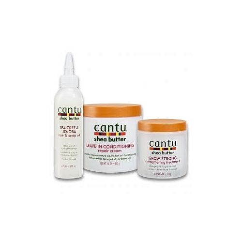 Cantu Shea Butter Leave-In Cream+Grow Strong Strengthening Treatment + Tea Tree And Jojoba Oil