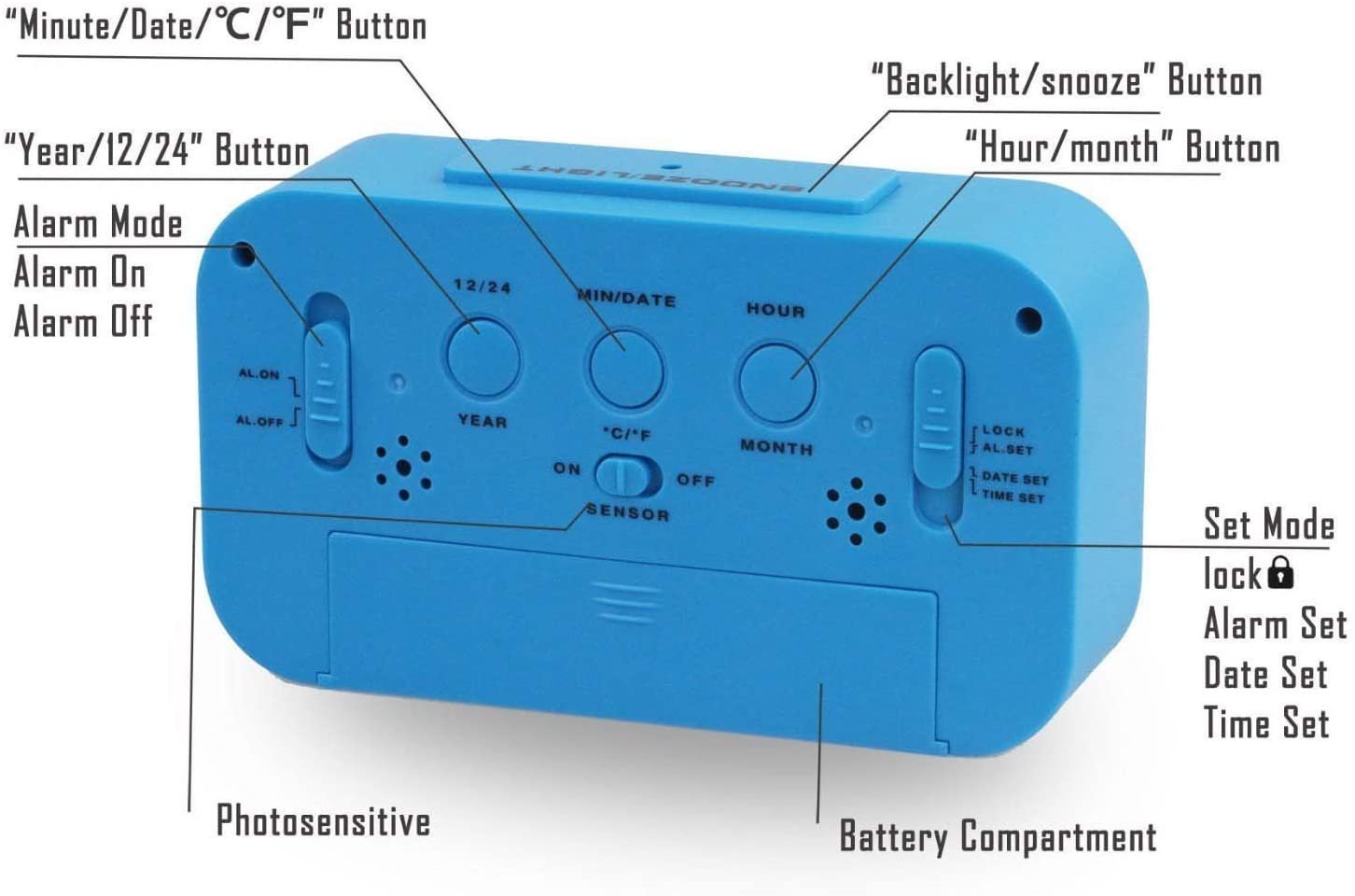 LED Digital Backlit Alarm Clock WithThermometre And Calender White