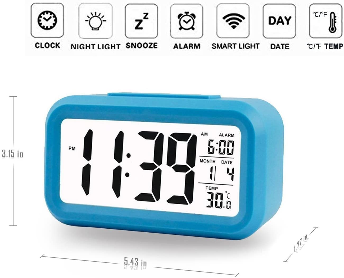 LED Digital Backlit Alarm Clock WithThermometre And Calender White