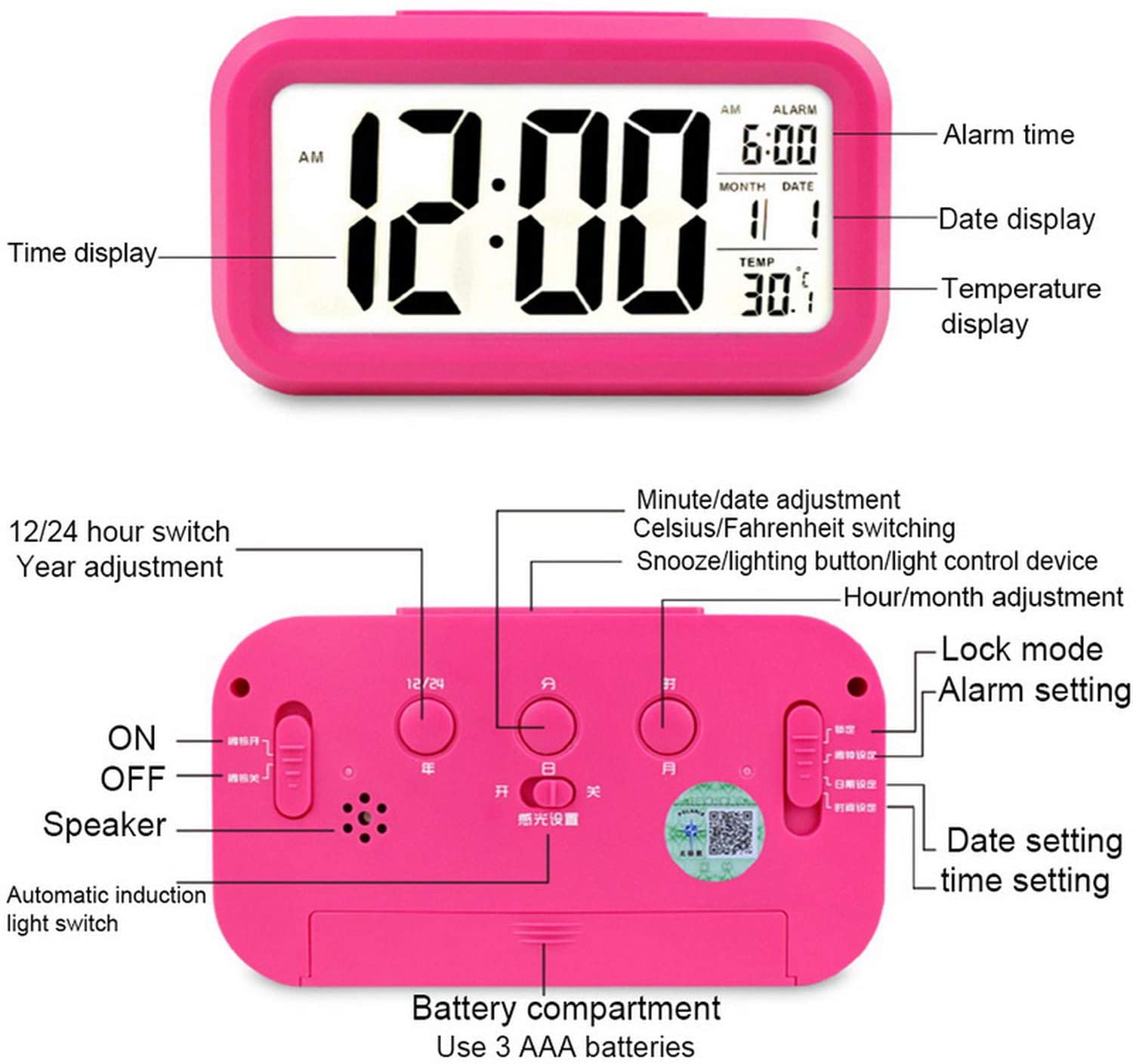 LED Digital Backlit Alarm Clock WithThermometre And Calender White