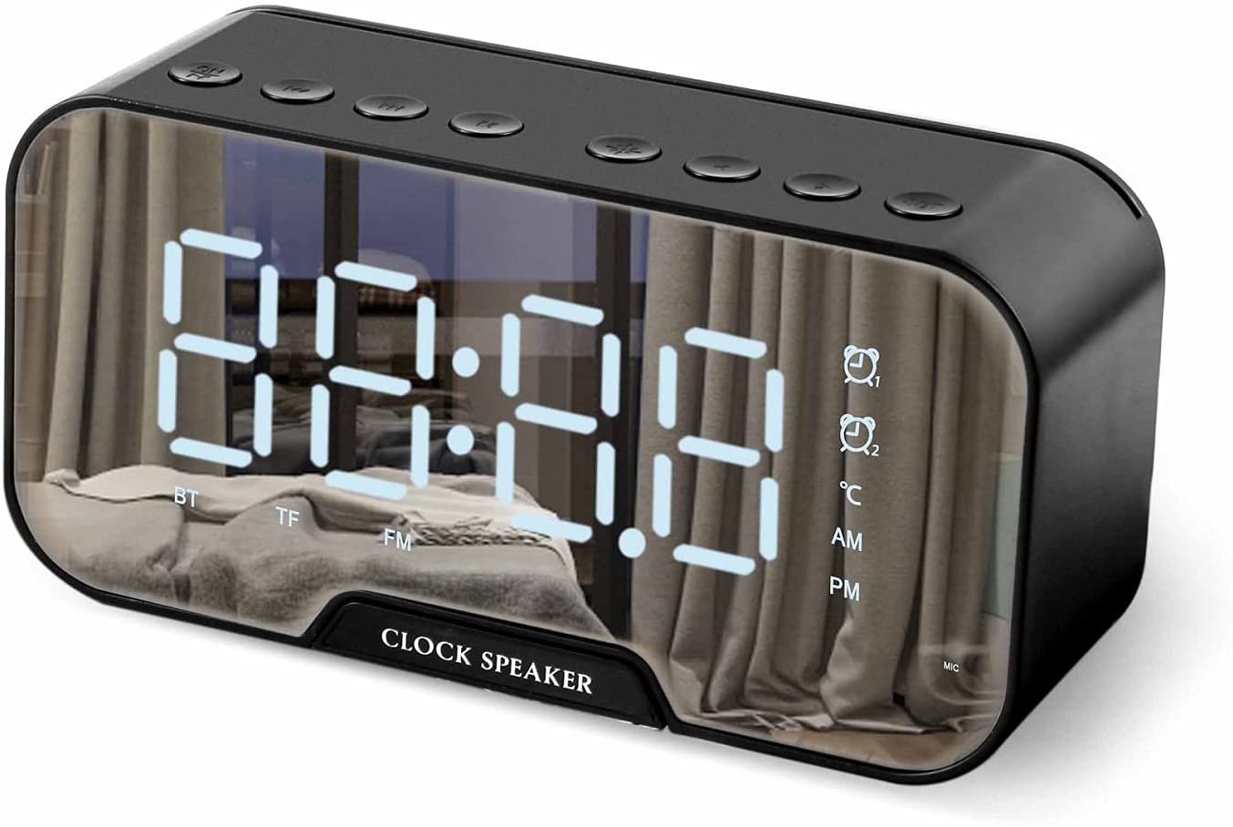 Digital LED Backlit Mirror Alarm Clock with Bluetooth Speaker, Temperature &amp; FM