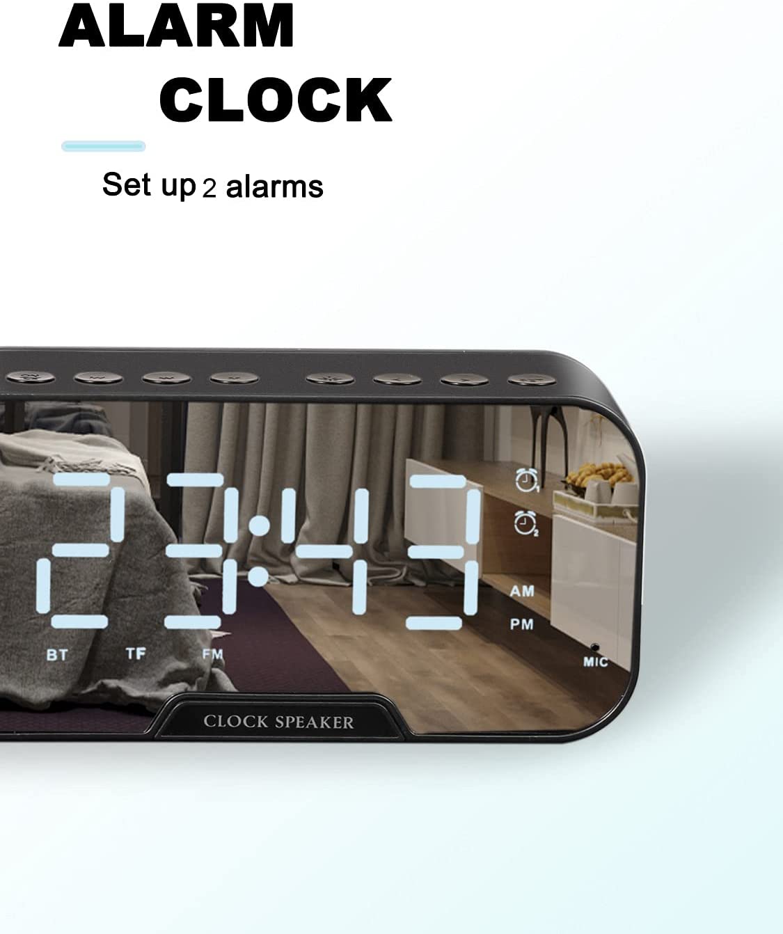 Digital LED Backlit Mirror Alarm Clock with Bluetooth Speaker, Temperature &amp; FM