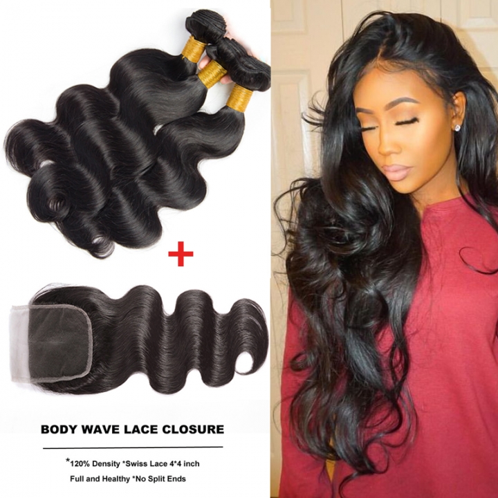 Brazilian Body Wave 100 Human Hair 3 Bundles With 4x4 Lace
