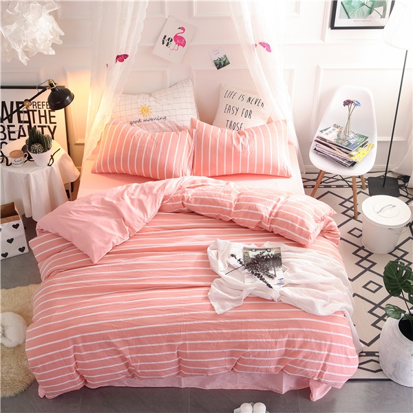Homeinn Cotton 4pcs White Stripes Printed Pink Bedding Set Duvet