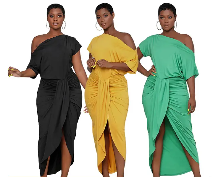 Women's popular diagonal shoulder slim irregular long dress