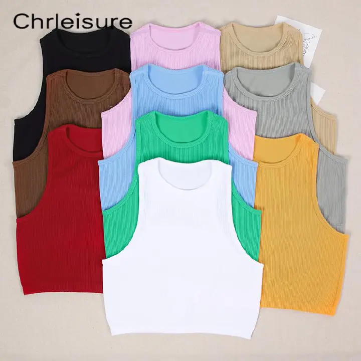 CHRLEISURE Sports Tank Top Women Seamless Streetwear Rib-Knit Fitness Crop Tops Running Workout Without Pad Vest Top Female