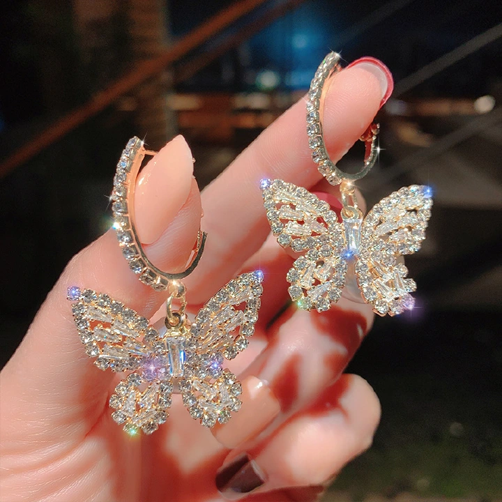 925 Silver Needle Sparkling Diamond Zircon Butterfly Pearl Earrings Luxurious Temperament ins Mesh Red Earrings Earrings