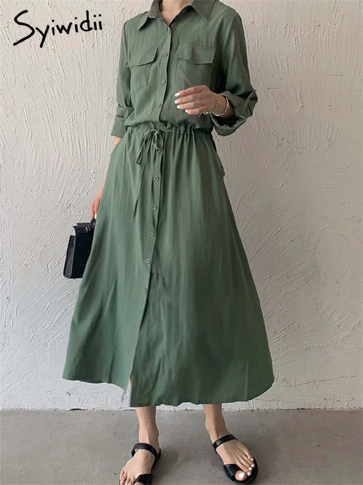 Syiwidii Shirt Dress for Wpmen 2023 Korean Fashion Long Sleeve Turn Down Collar Solid Summer Dresses Ladies Casual Long Dress