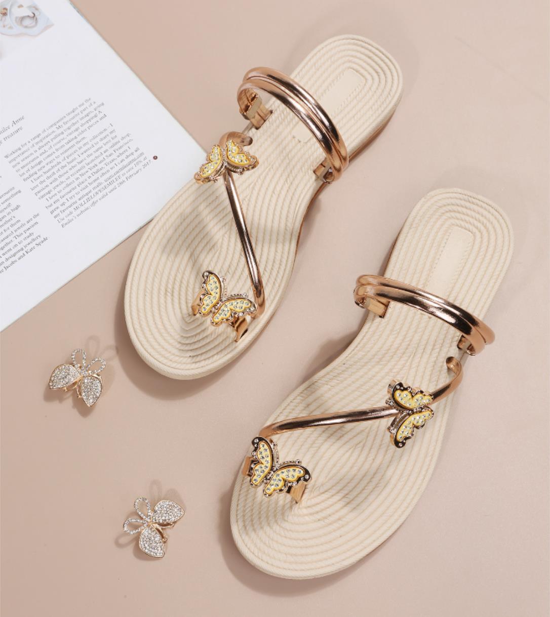 2023 Summer women's slipper head shoes Fashion rhinestone flat casual women's sandals Zapatos Mujer Summer Flat Bottom Women Casual Beach Slippers Butterfly Clip Toe Female Bohemian Style Beach Flip F