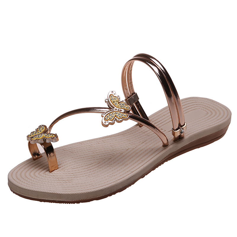 2023 Summer women's slipper head shoes Fashion rhinestone flat casual women's sandals Zapatos Mujer Summer Flat Bottom Women Casual Beach Slippers Butterfly Clip Toe Female Bohemian Style Beach Flip F