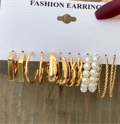 6PCS Gold Color Pearl Hoop Earrings Set Metal Dangle Earrings Vintage Circle Geometric Twist for Women Girls Trendy Jewelry Gifts New Arrivals Alloy Twist Geometric Earrings Set Si style1