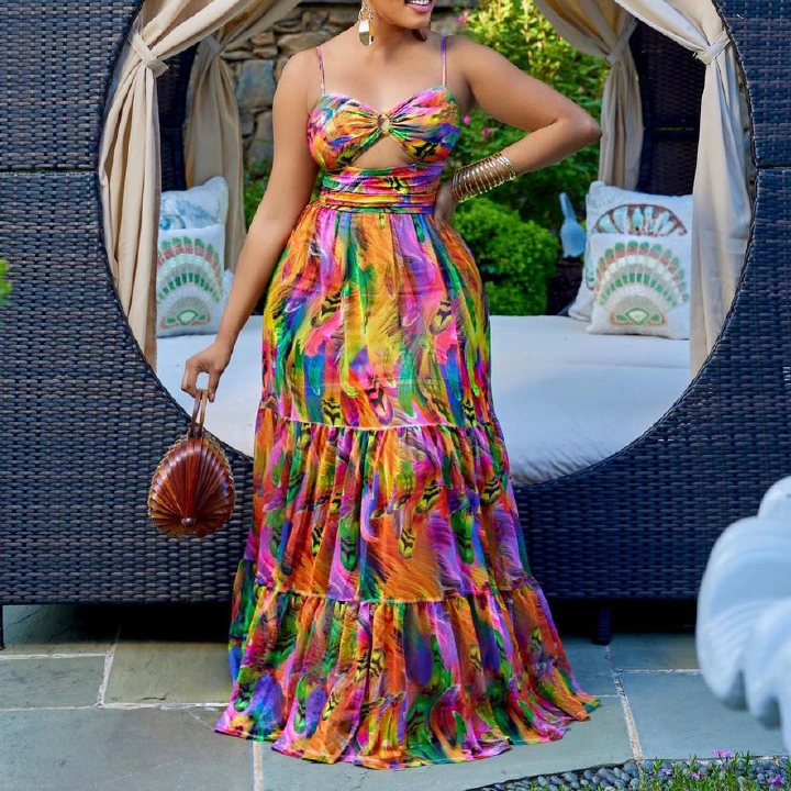 Women's Dress Summer New Long Dress Hanging Strap Print Sexy Fashion Style Big Swing Dress European and American Dress