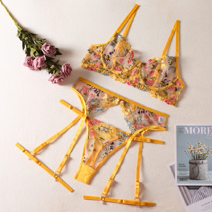 Women's Underwear Set Sexy Perspective Yellow Pastoral Fragmented Blossom Bra, garter belt, thong belt, leg loop, three piece