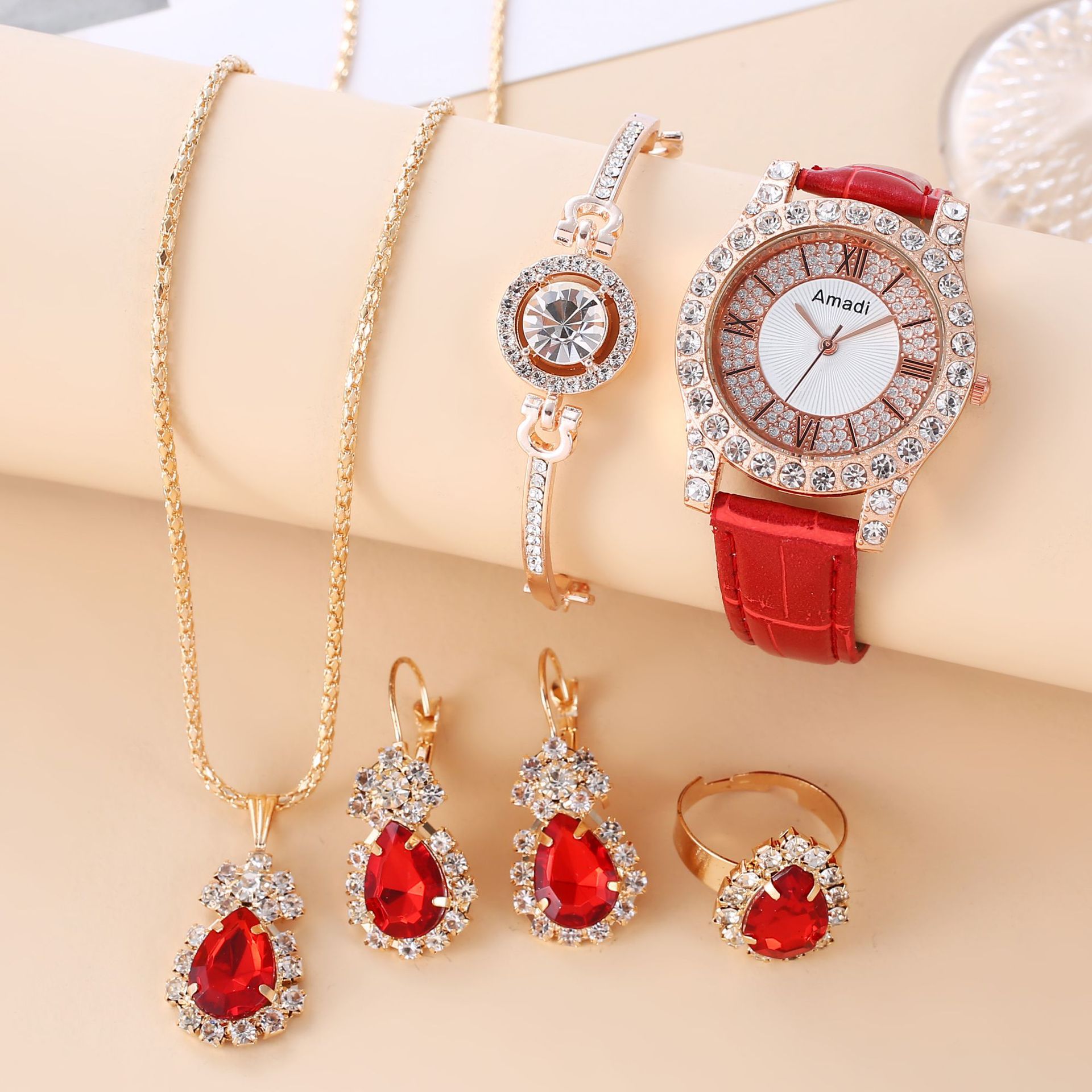 5 PCS  New Hot Selling Exquisite Women's Watch 5-piece Set with Full Diamond Roman Face Light Luxury Simple Bracelet Necklace Set for Women's Watch