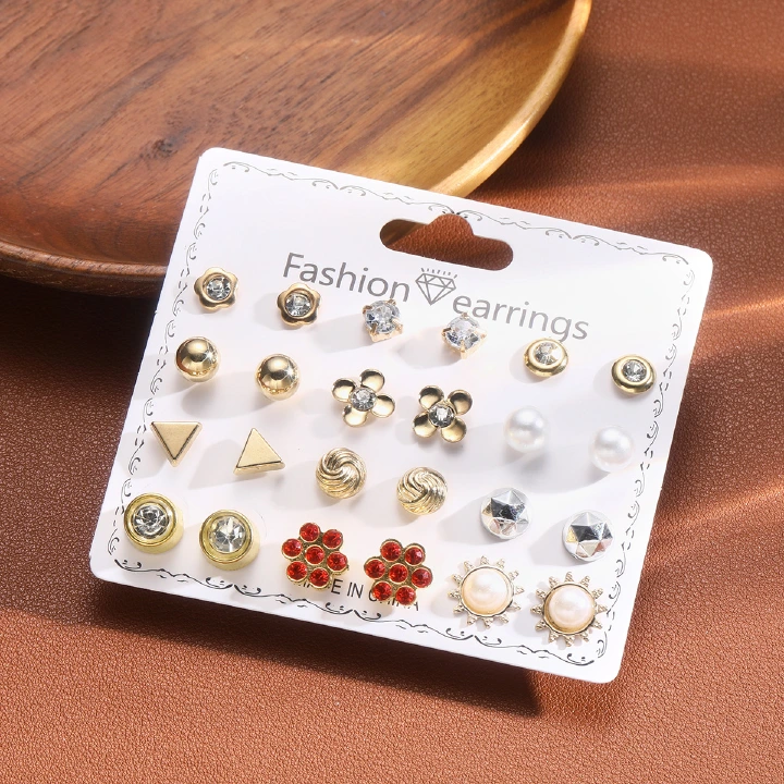 12pcs earrings  Flower imitation pearl round bead set with diamond earrings creative month earring set