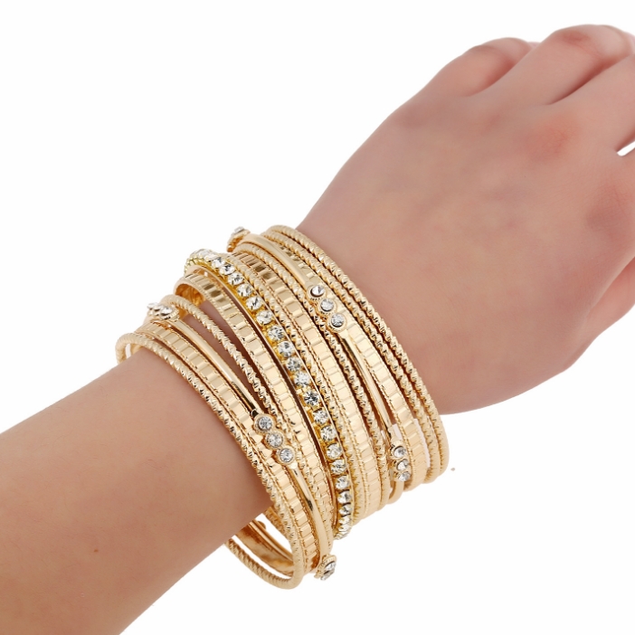 13 Pcs/set  Luxury Charm Gold Color Wide Chain Crystal Silver Color Bracelet Rhinestone Jewelry