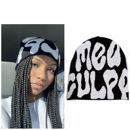 2PCS Unisex Foldable Warm Beanie  Trend Letter Jacquard Knit Hat Berets 100% Acrylic Warm Knitted Cap