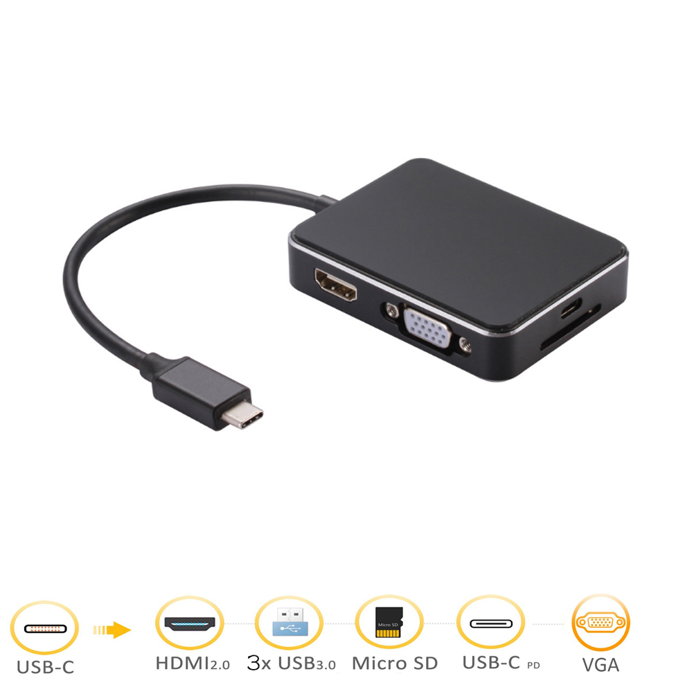 USB C Hub, 7 in 1 Multiport Adapter, USB 3.0 ports, 4K HDMI, VGA, Card Reader, PD 2.0 Charging Port