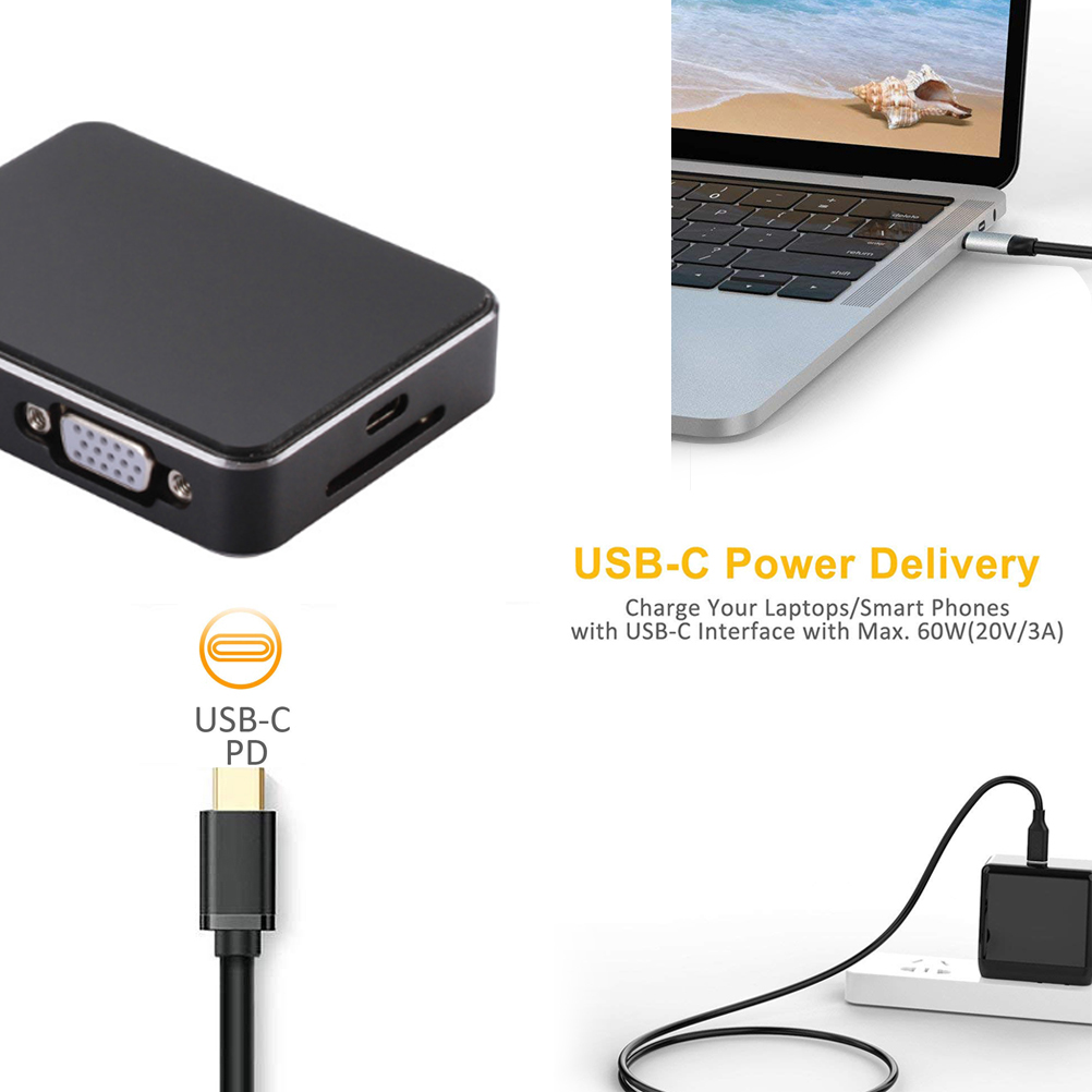 USB C Hub, 7 in 1 Multiport Adapter, USB 3.0 ports, 4K HDMI, VGA, Card Reader, PD 2.0 Charging Port