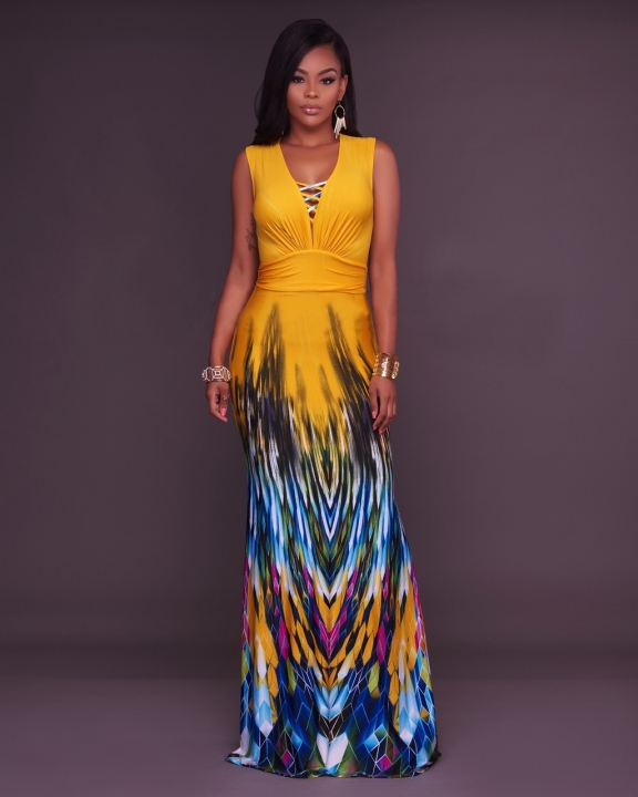 Fashion Women Ethnic Retro Printed Deep V Wrinkle Fish Tail Long Fashion Women Ethnic Retro Printed Deep V Wrinkle Fish Tail Long Dress Dinner Party S