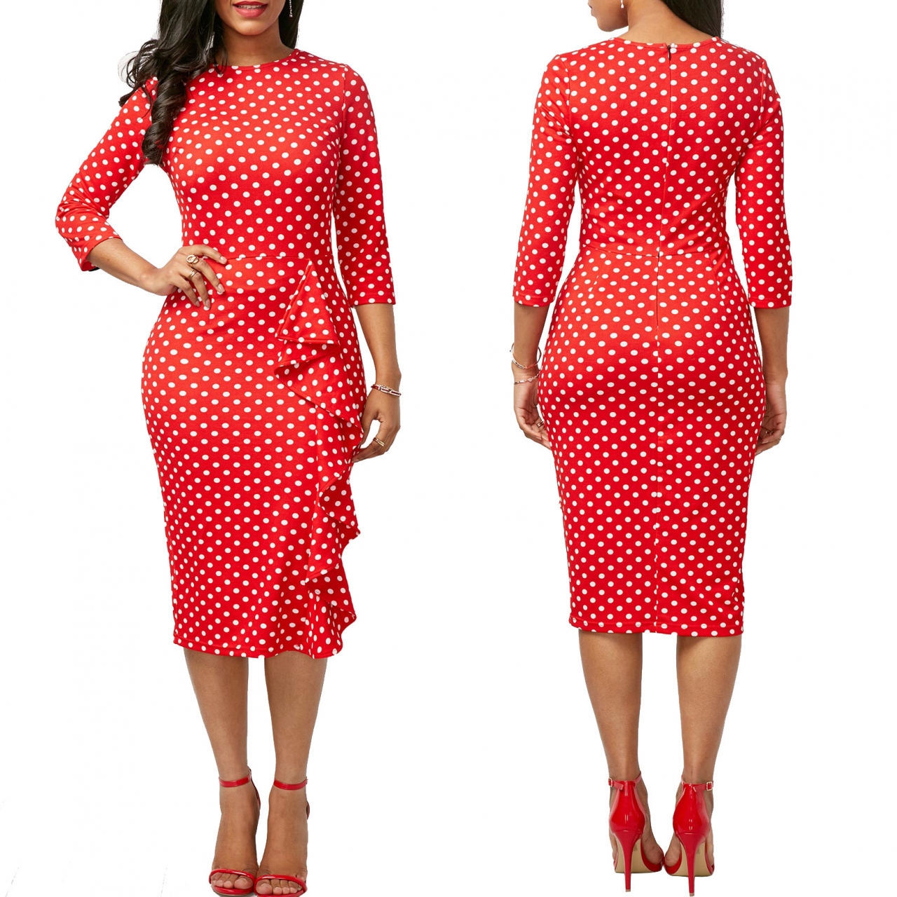 Womens Dotted Dress Solid Round Neck Half Sleeve Polka Dot Dress