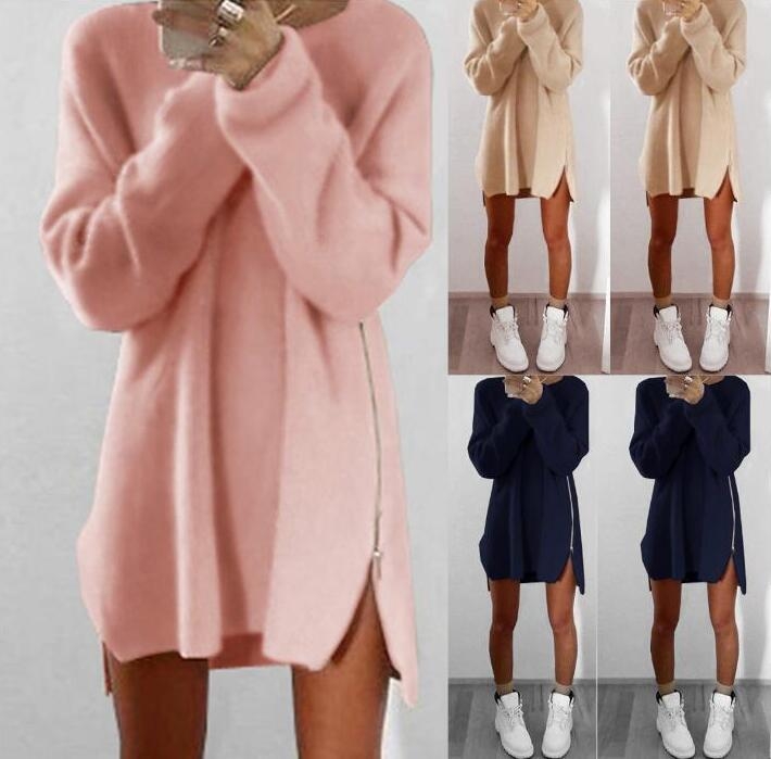 Fashion Women Long Sleeve Autumn Knitted Zippers Side Jumper Sweater Dress Loose Tunic Baggy Dresses