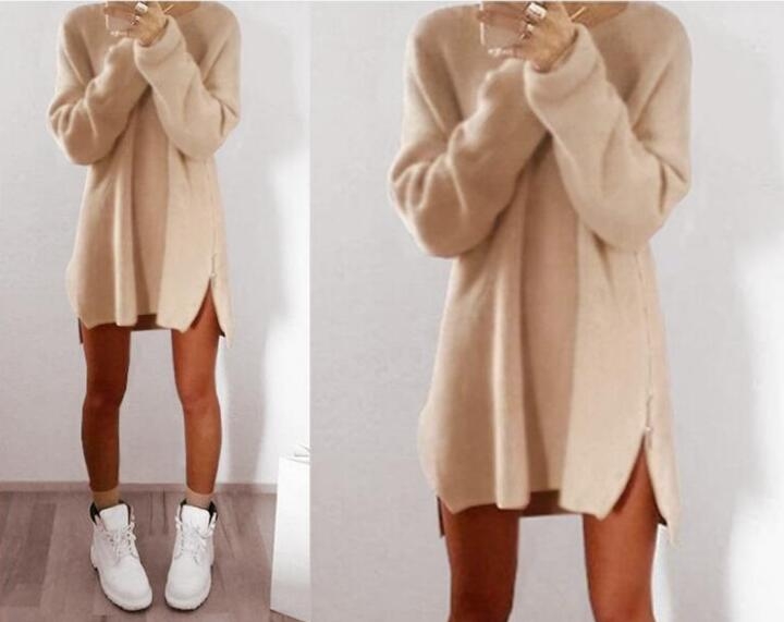 Fashion Women Long Sleeve Autumn Knitted Zippers Side Jumper Sweater Dress Loose Tunic Baggy Dresses