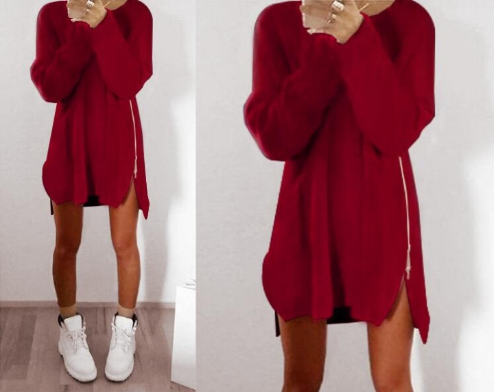 Fashion Women Long Sleeve Autumn Knitted Zippers Side Jumper Sweater Dress Loose Tunic Baggy Dresses