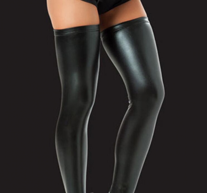 Women Patent Leather Stockings Stretchy Non-slip Long Knee Sexy Socks Thongs Set