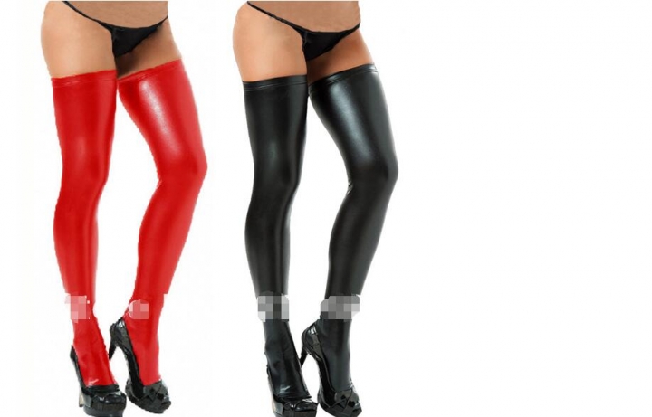 Women Patent Leather Stockings Stretchy Non-slip Long Knee Sexy Socks Thongs Set