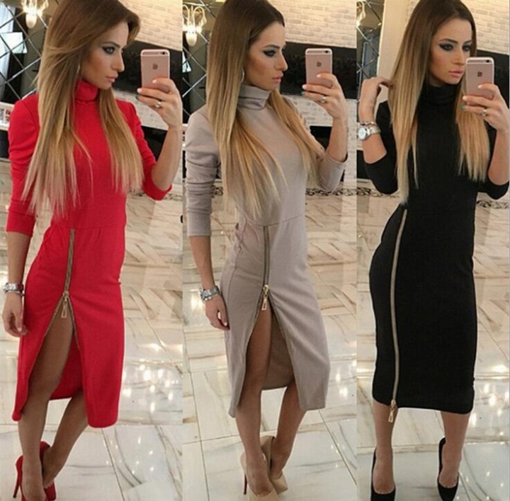 Pullover Dress Woman Winter Long Sleeve  zipper Casual Bodycon Dress Elegant Formal office dress