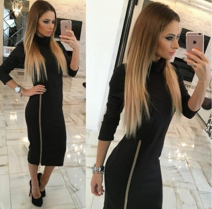 Pullover Dress Woman Winter Long Sleeve  zipper Casual Bodycon Dress Elegant Formal office dress