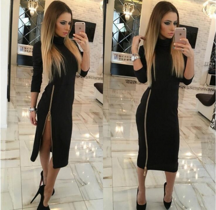 Pullover Dress Woman Winter Long Sleeve  zipper Casual Bodycon Dress Elegant Formal office dress